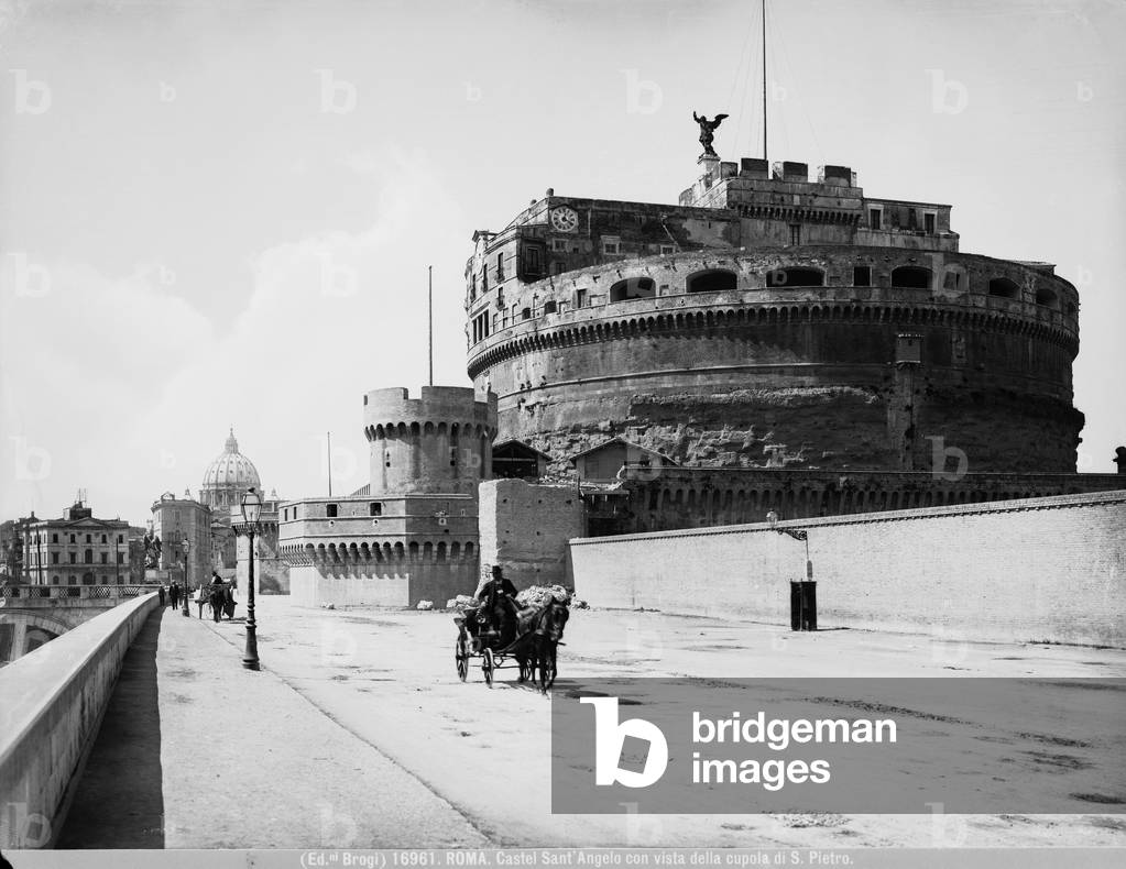 The Castel Sant'Angelo in Rome with view of Saint Peter's dome in the background.