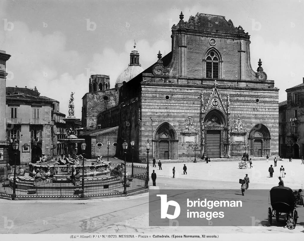 Façade of the cathedral of Messina and the fountain of Neptune designed by Montorsoli