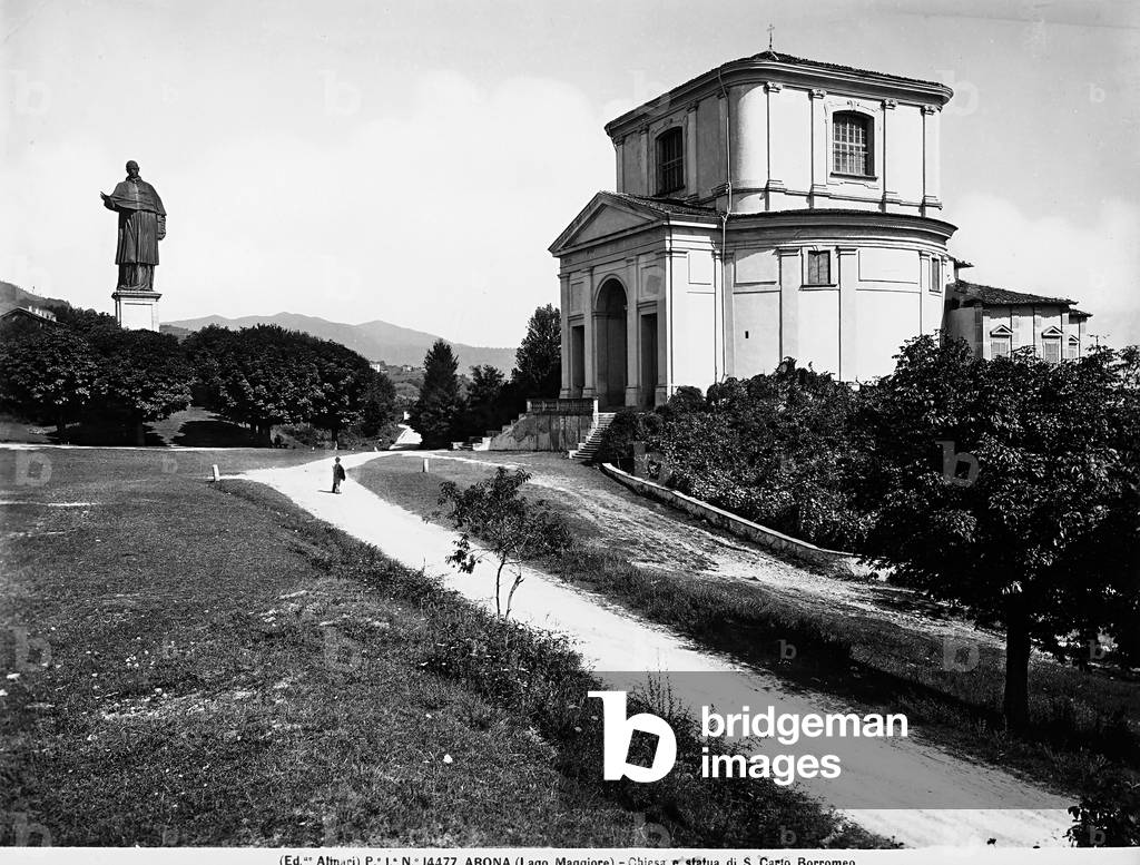 View of the statue and church of San Carlo Borromeo. Arona, Lake Maggiore