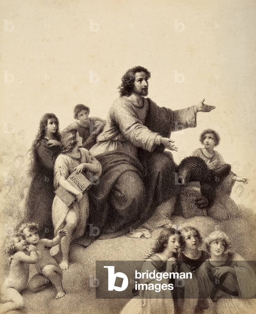 St. John the Evangelist with outstretched arms is surrounded by youth and angels; at his feet an eagle has in its talons the Gospel; a youth, to the right of the saint, holds the book of the Apocalypse (The Book of Revelation). Illustration of Canto XXXII in Paradiso of The Divine Comedy by Dante Alighieri. Work of Francesco Scaramuzza dedicated to the Municipality of Florence.