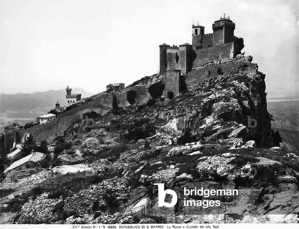 View of the Fortrees of San Marino. The town is built along a city wall.