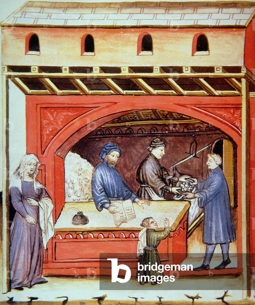 Fol.62v Selling Salt, illustration from 'Tacuinum Santiatis Codex Vindobonensis' (vellum)