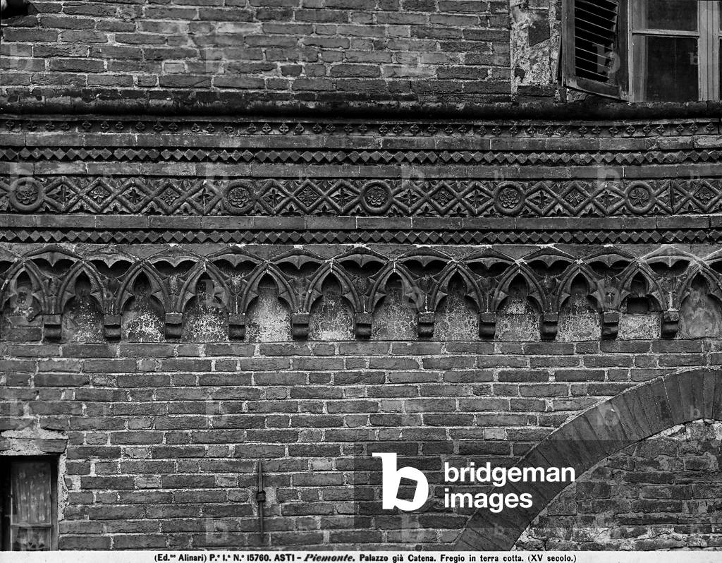 Detail of decoration in baked clay along a wall of the Catena Palace, at Asti