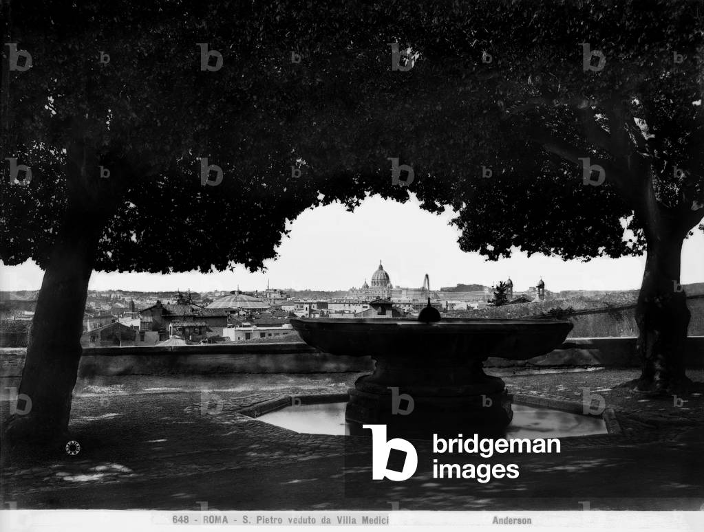 Panoramic view of Rome with St. Peter's Basilica, from the garden of Villa Medici