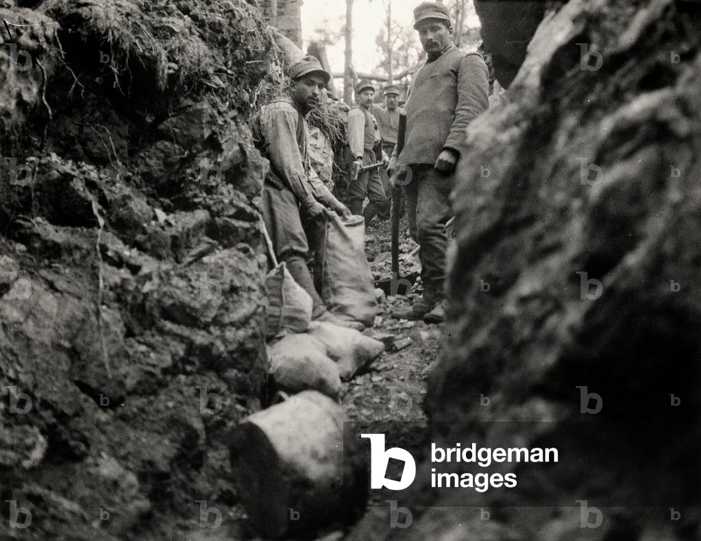Communication trenches on the outskirts of Rocca di Monfalcone, Gorizia, Italy (b/w photo)