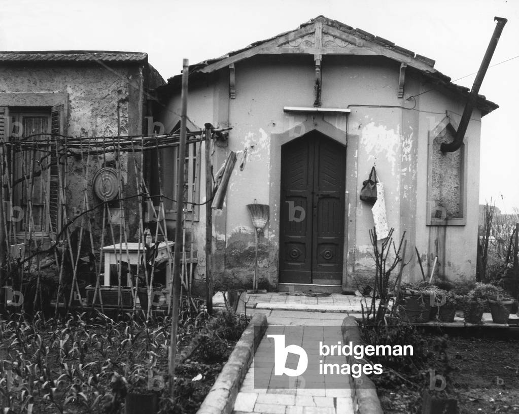 House with vegetable garden in the area of ​​Mandrione in Rome (b/w photo)