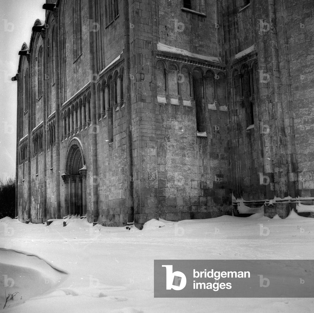 Snowy garden in Vladimir (b/w photo)