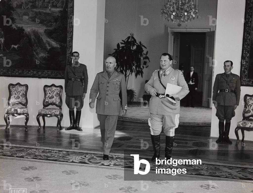 Benito Mussolini with Hermann Wilhelm Goering during an official visit to Salzburg, 07-10/04/1943 (b/w photo)