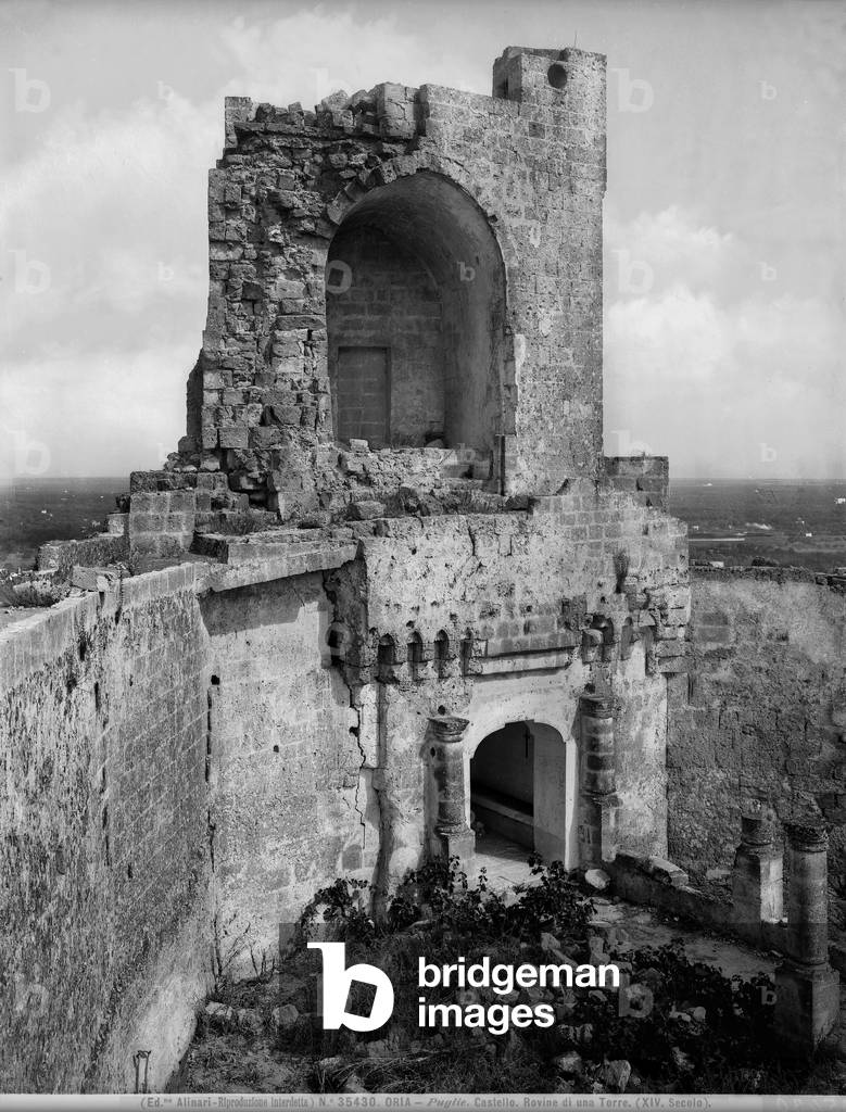 View of the ruins of one of the two towers of the castle of Oria, in the province of Brindisi