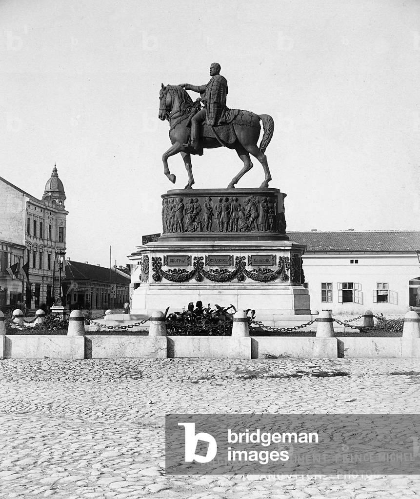 The equestrian monument to prince Mihajlo Obrenovic, in the Republic Square, in Belgrade, Yugoslavia