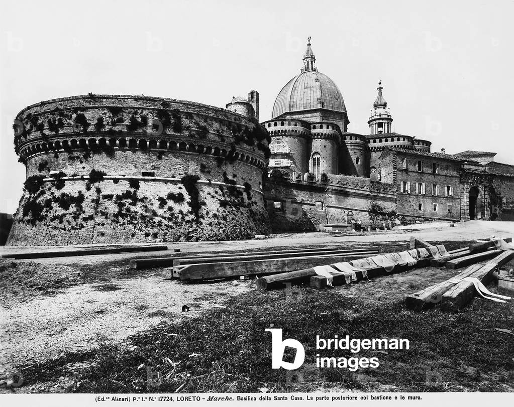 View, posterior part, with bastion and the wall of the Basilica della santa casa in Loreto