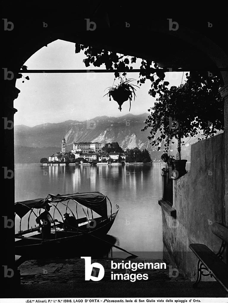 Island of San Giulio seen from shore of Lake of Orta, Orta San Giulio, Novara