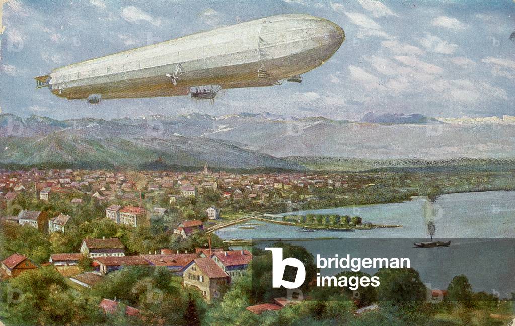 Drawing depicting a dirigible flying over a city - T.S.N. Editore