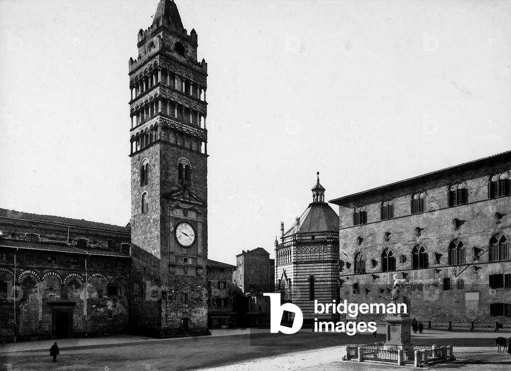 View of the the artistic and historic center in the city of Pistoia with the Cathedral flanked by its tall bell tower, the Baptistery and Palazzo Pretorio