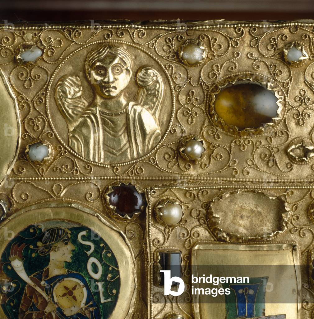 Detail of the Evangeliary cover decorated in gold leaf and enamel work, housed in the Treasury of the Cathedral of Vercelli