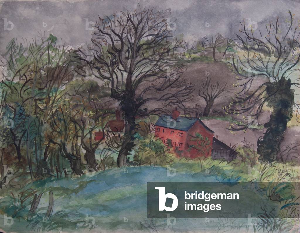 Cottages on the Road near Long Melford (w/c on paper)