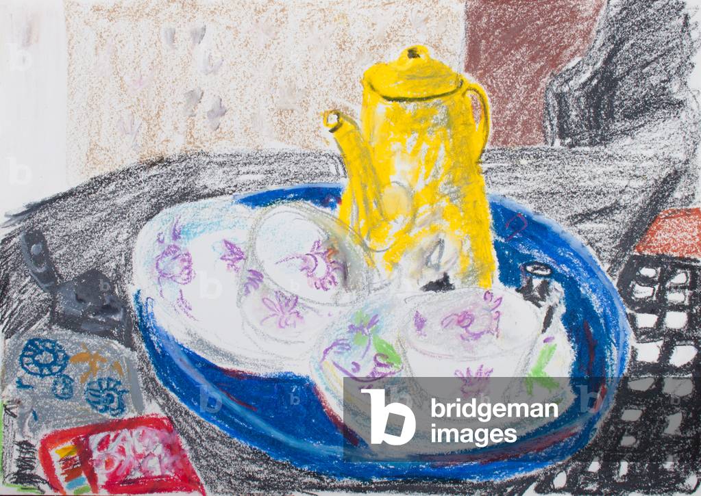 Yellow Coffee Pot and China Cups (pastel on paper)