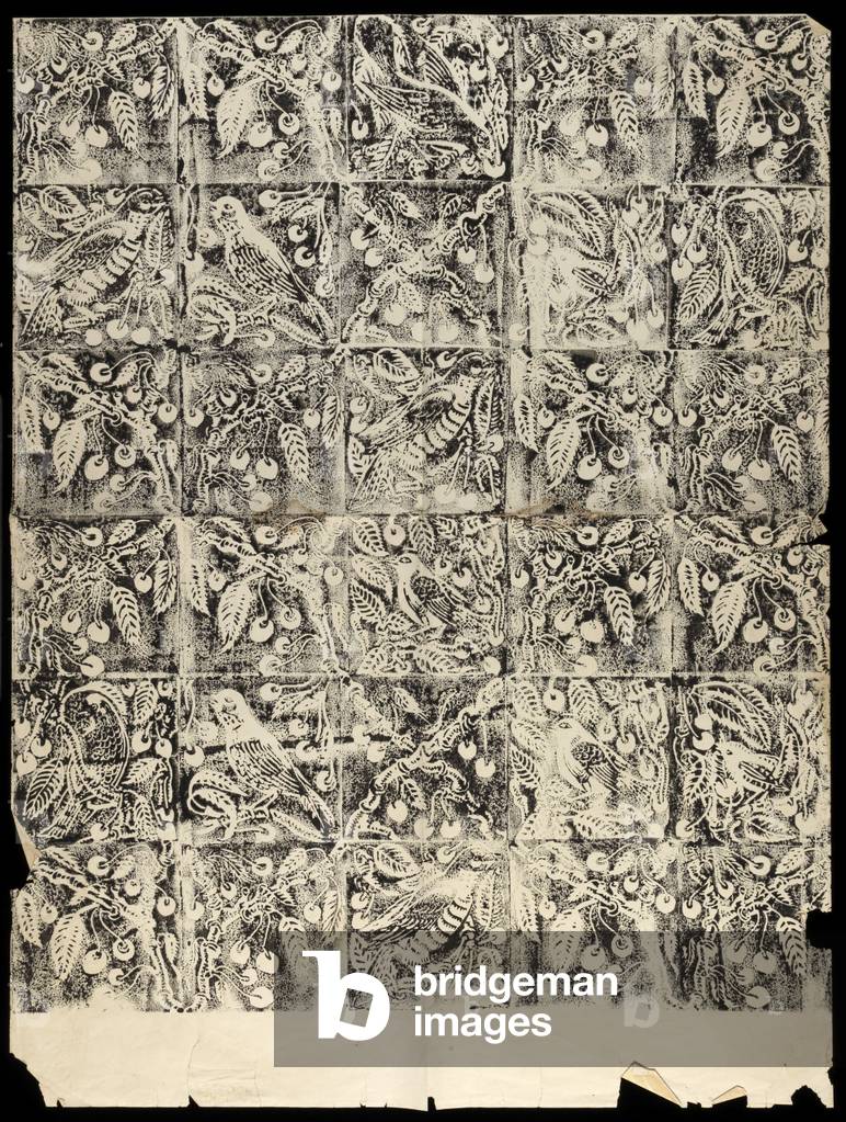Bird and Cherry Wallpaper Design (linocut)