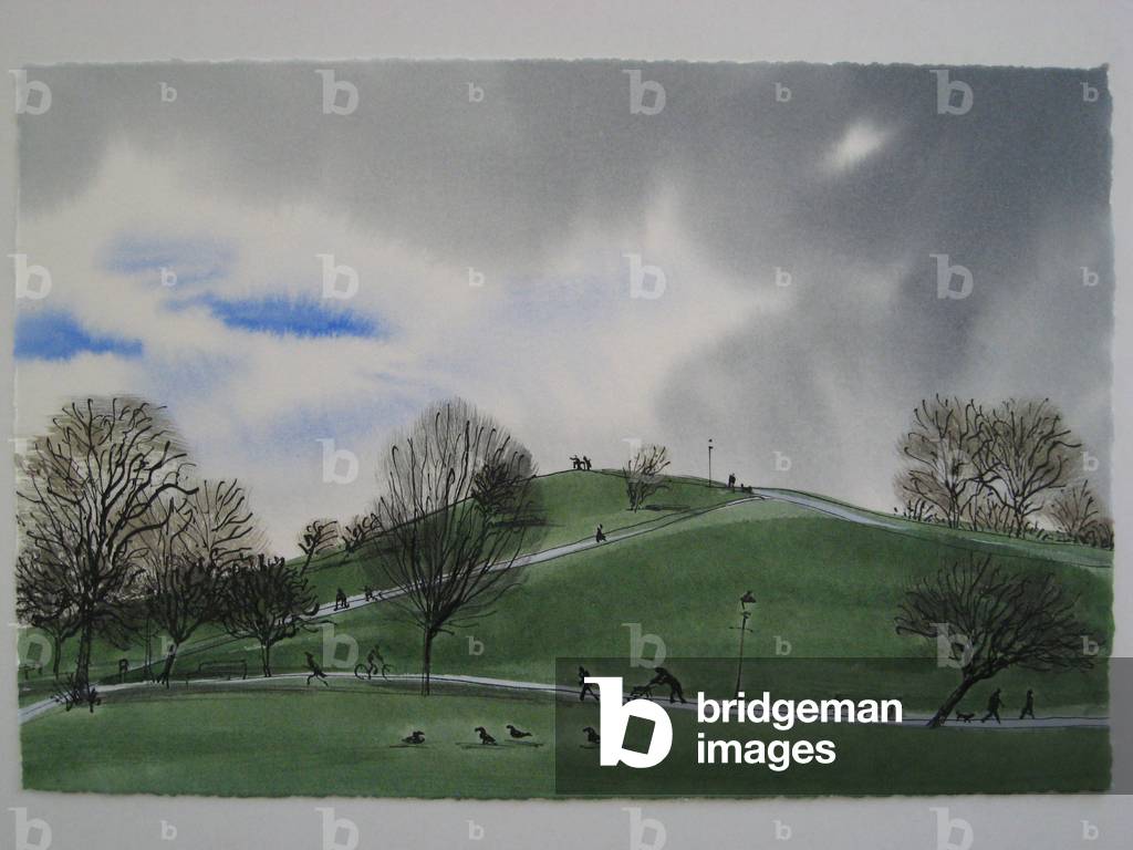 Primrose Hill in Winter with Stormy Sky, 2011 (pen & ink and w/c on paper)