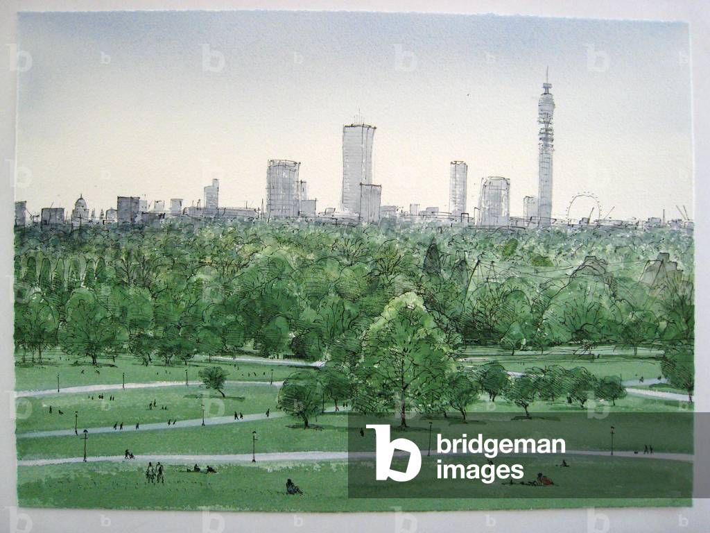 Primrose Hill in Summer, Towards St Paul's and West End,2011 (pen & ink and w/c on paper)