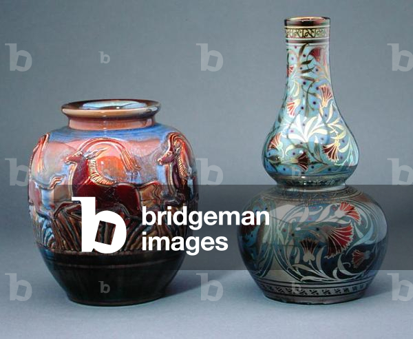 Antelope Vase, 1909-20, by Richard Joyce (1873-1931); Large double gourd bottle vase, 1912, by William S. Mycock (1872-1950), both Pilkington's Royal Lancastrian (ceramic)