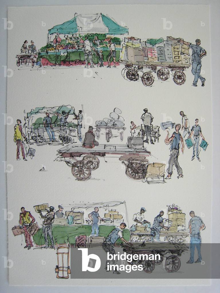 Barrows, Stalls and Market Traders, Camden Town, 2011 (pen & ink and w/c on paper)
