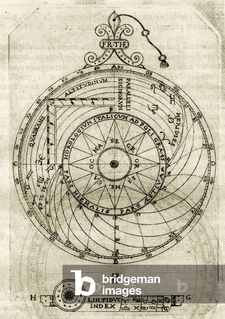Plate drawn from “” Armonia Astronomica et Geometrica, quattro trattati ne 'quali s'insegna la ragione, e formatione di tutti gli Horologi stabilii, e mobili ad ogni clima, et uso del Mondo, per nuovi, et brevi computi Astronomici; per via Geometrica; et anco per Pratica, con instromenti eccellentissimi”” by Theofilo (Theophile, Theophilus) Bruni, geometric monk and astronomer (1569-1638), Venice, imp. Giovanni and Varisco Varischi, 1622.