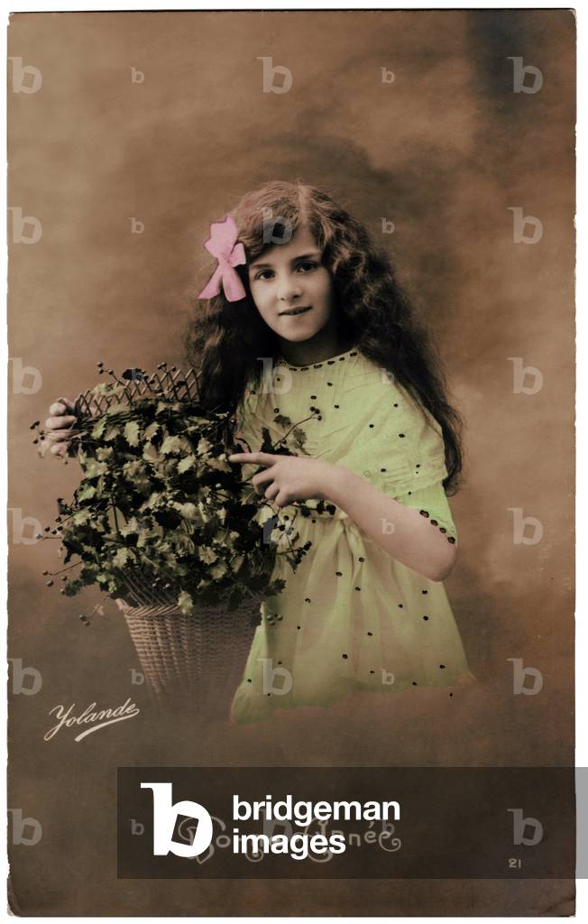 Happy Year Greeting Card, Little Girl and Holly Basket 1912