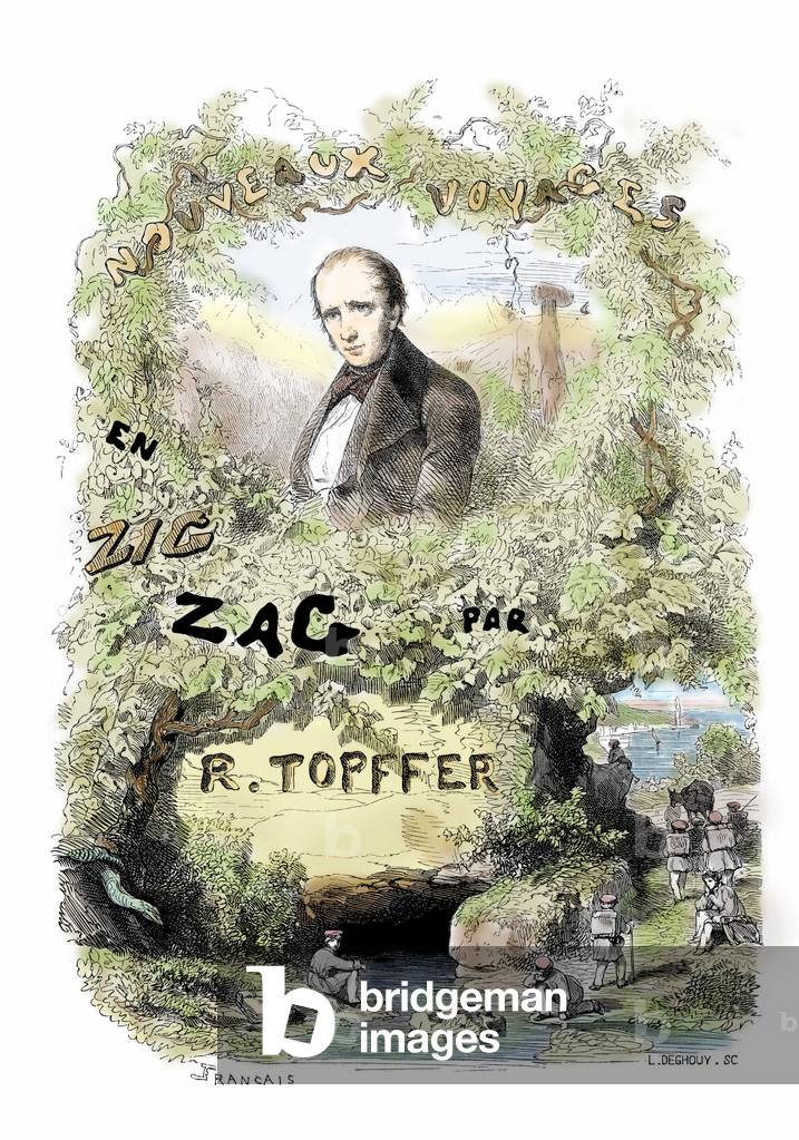 Debuts of the comic strip: frontispiece of “Nouveaux voyages en zig-zag” by Rodolphe Topffer (1799-1846), 1854.