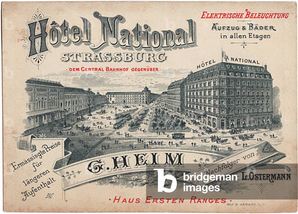 Advertising card for the Hotel National de Strasbourg for the 1889 Paris World Exhibition.