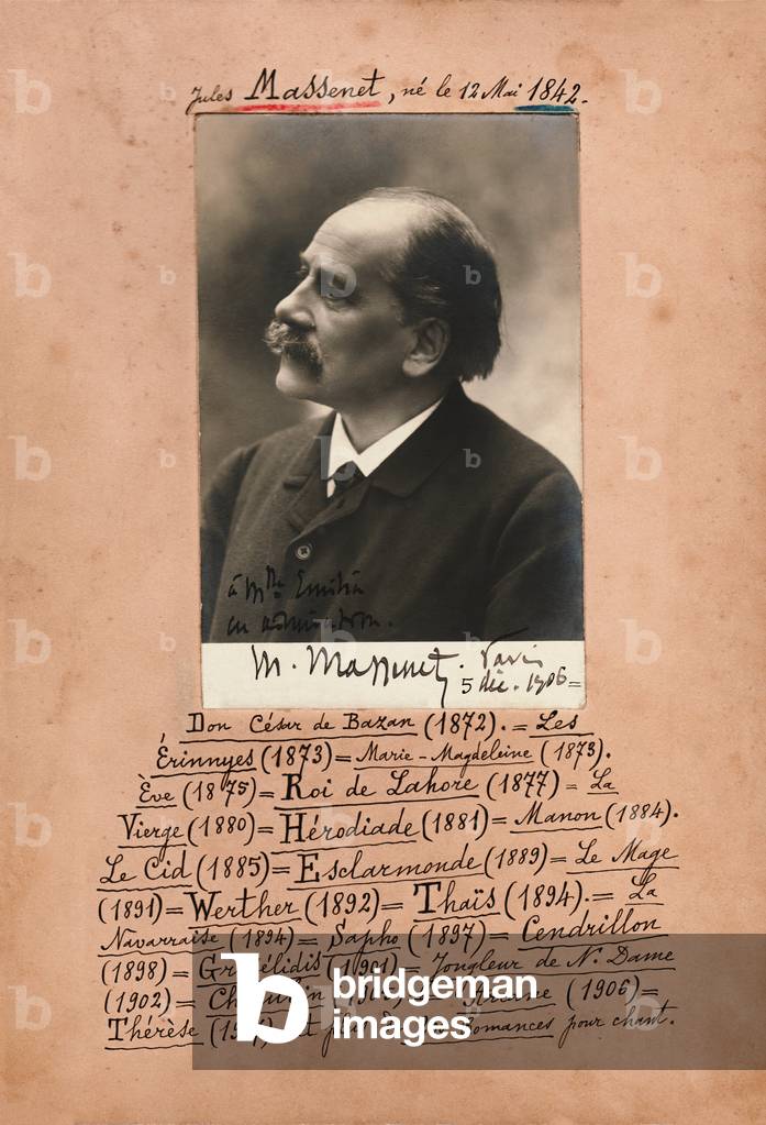 Portrait of 1906 by Jules Massenet (1842-1912), French composer, on the cardboard the list of his operas.