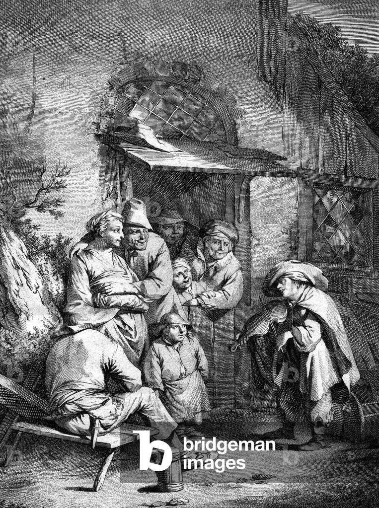 Violin player, anonymous Flemish engraving of the 17th century.