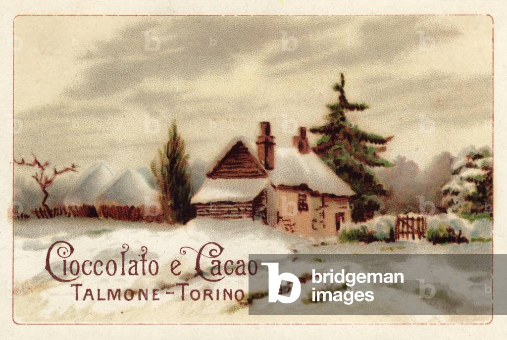 Advertising for Talmone chocolate representing a mountain chalet, beginning of the 20th century