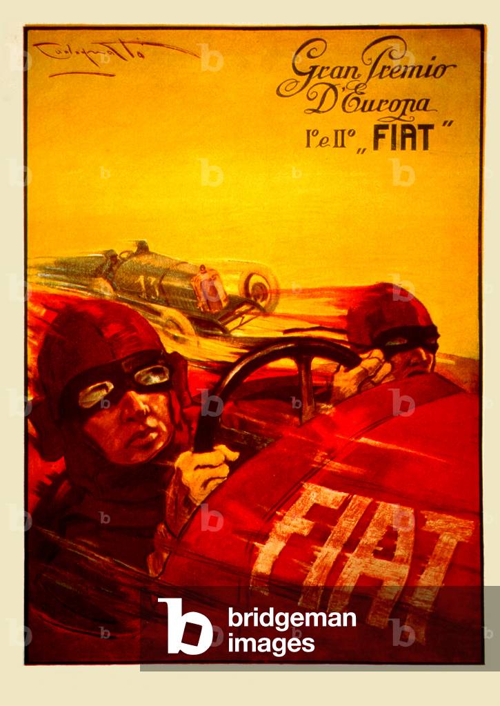 Poster celebrating the victory of the Fiat: Carlo Salamano in first place, followed by Felice Nazzaro at the European Grand Prix in Monza in 1923 illustrated by Plinio Codognato (1878-1940)