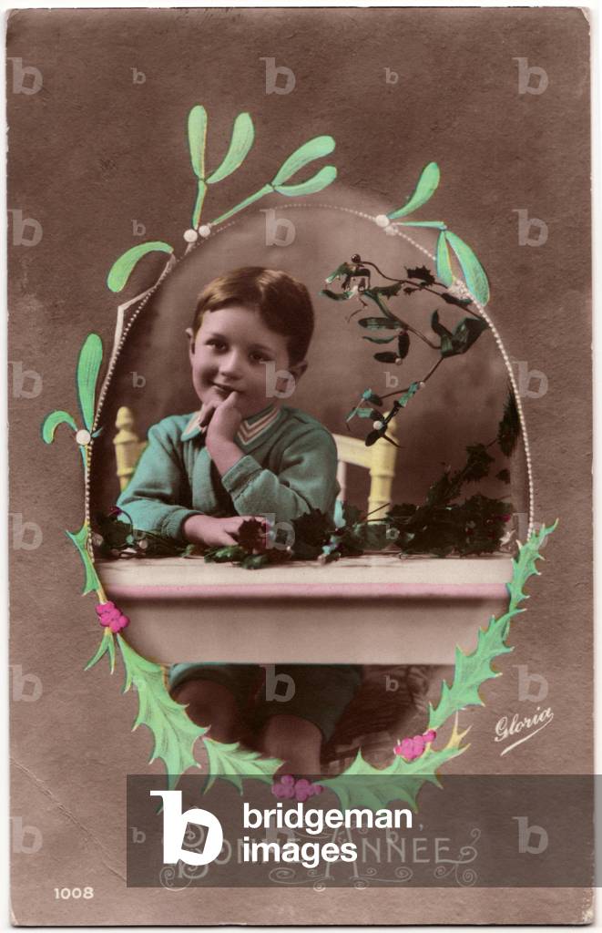 Happy New Year Greeting Card, Reveur Schoolboy with Holly, 1918