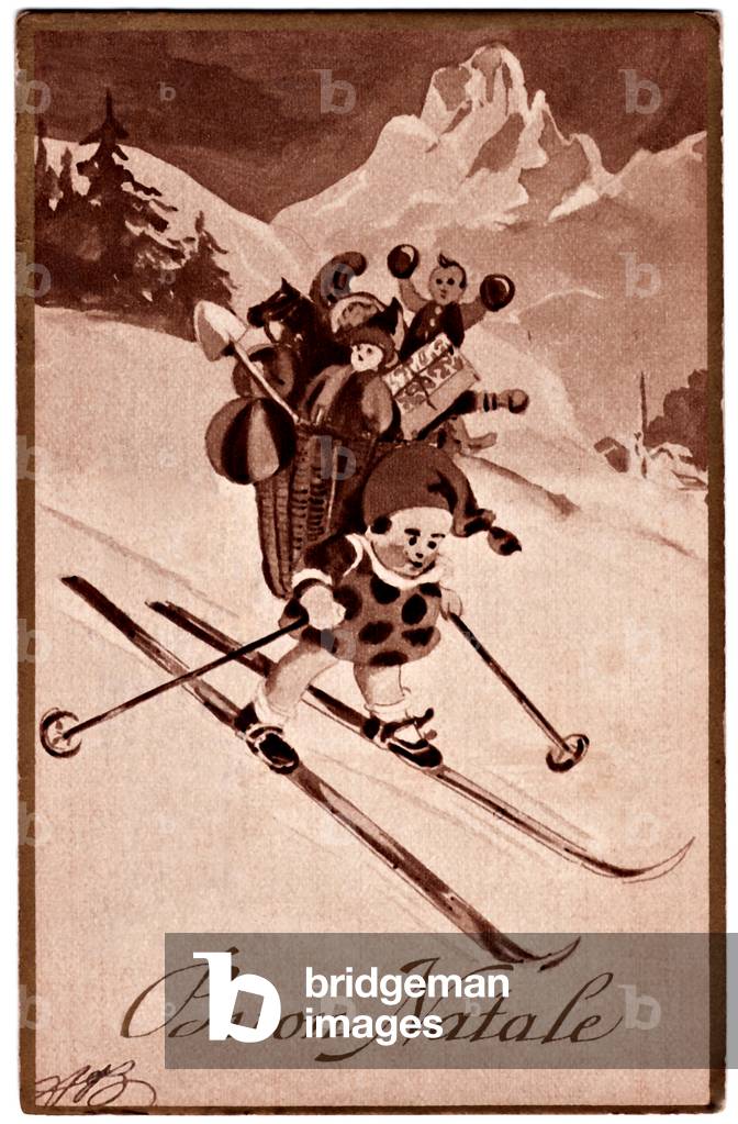 Christmas greeting card, a Christmas elf on skis with a gift hood, 1931