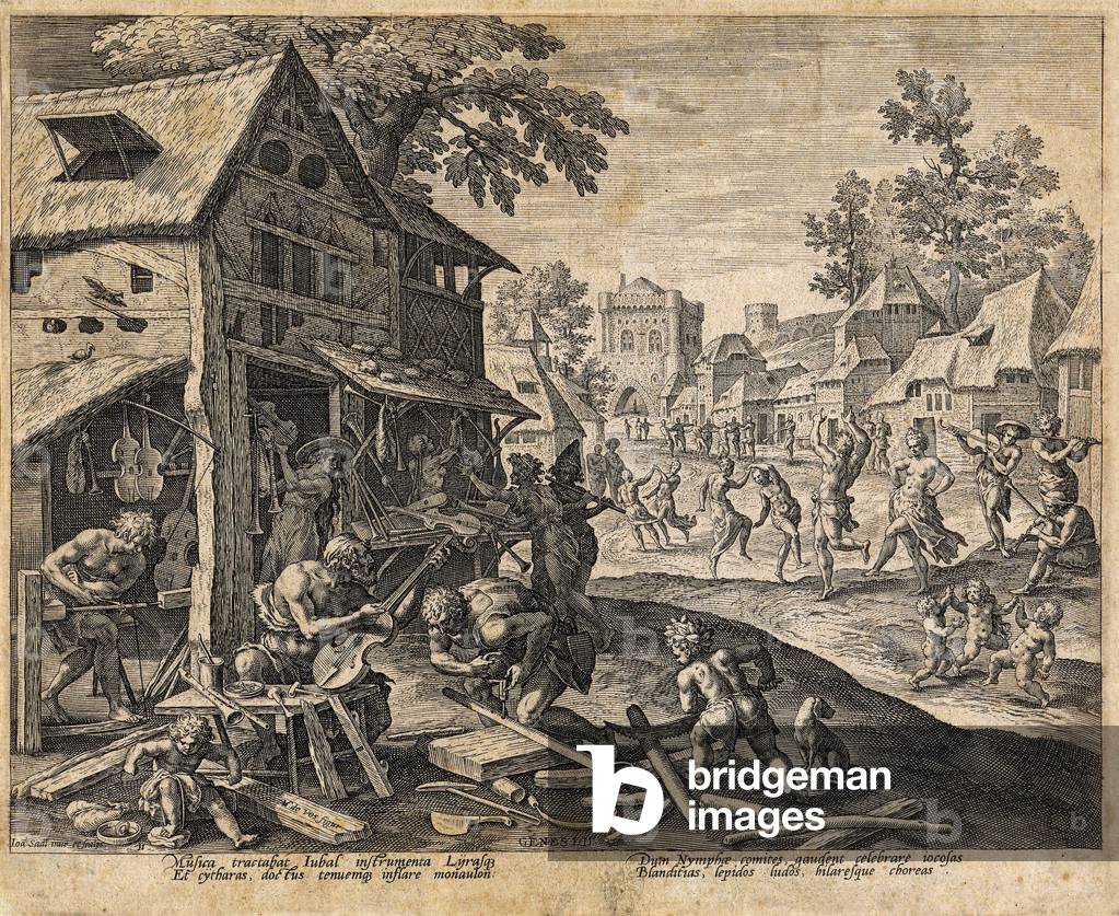 Men making various musical instruments, musicians and nymphs accompanied by dancing angels. In “Allegoria della musica” by Johannes Sadeler, second half of the 16th century.