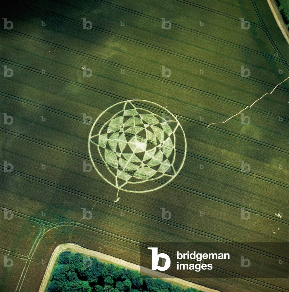 Crop circle in wheat field, Avebury Henge, Wiltshire, 22nd June 2002 (aerial photograph)