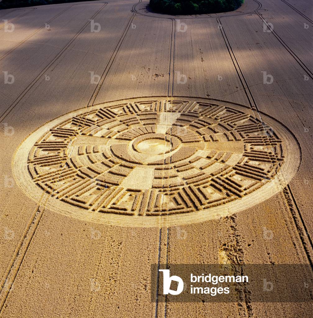Crop circle in wheat field, Wayland's Smithy, Uffington, Oxfordshire, 9th August 2005 (aerial photograph)