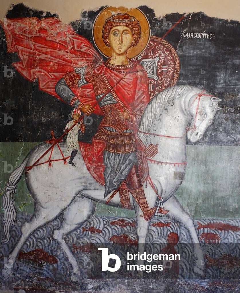 The Byzantine Fresco from the 15th century (detail) Saint George Wall painting Michael Archangel Church in Pedoulas Cyprus Painted churches UNESCO site Troodos, Cyprus
