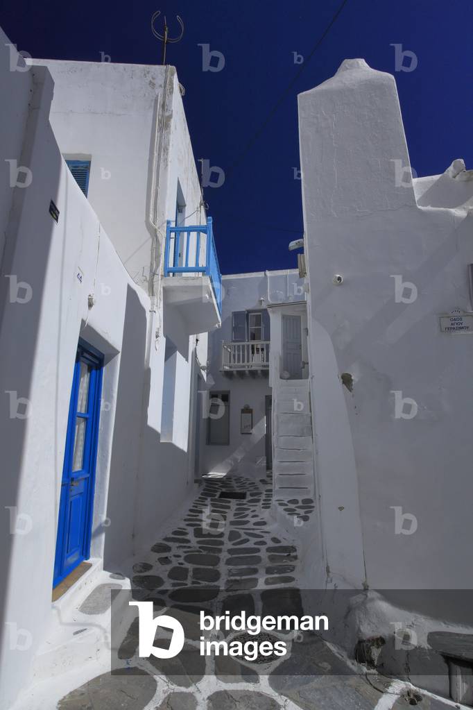 Streets and houses in the main village of Mykonos town (Chora) . Cyclades, Mykonos, Greek islands, Aegean sea.