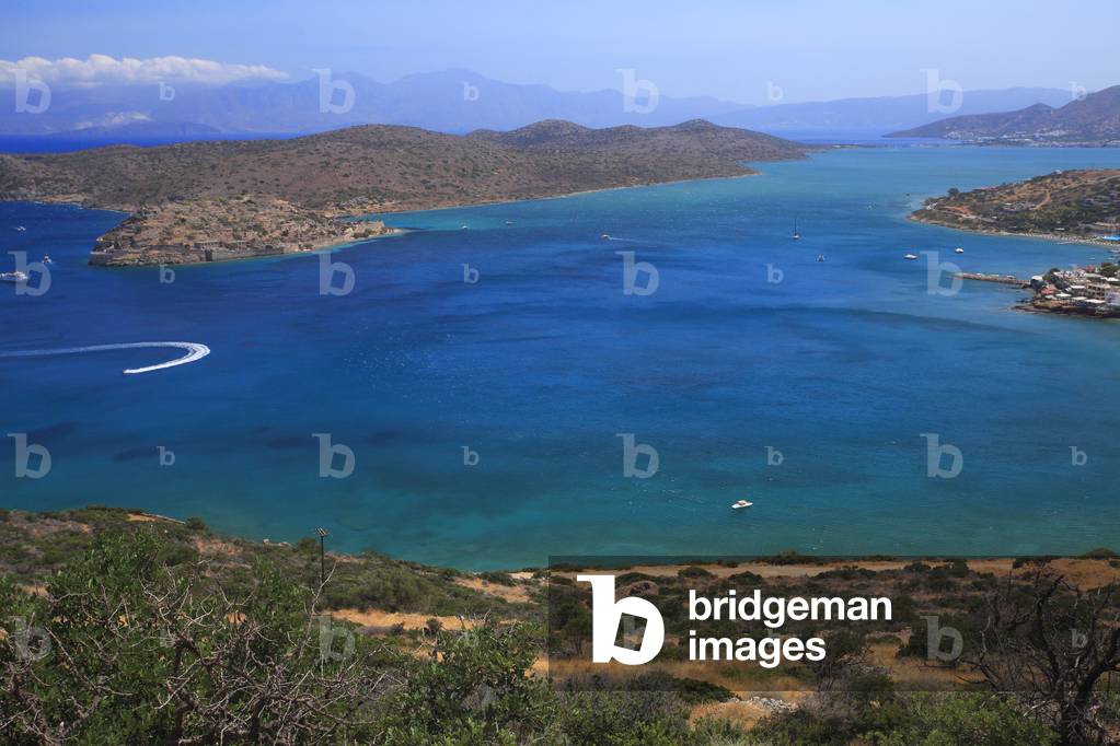 Ladscape of the Gulf of Elounda in north-eastern Crete including the Spinalonga peninsula, in Lasithi, next to the town of Plaka.Crete, Greece.