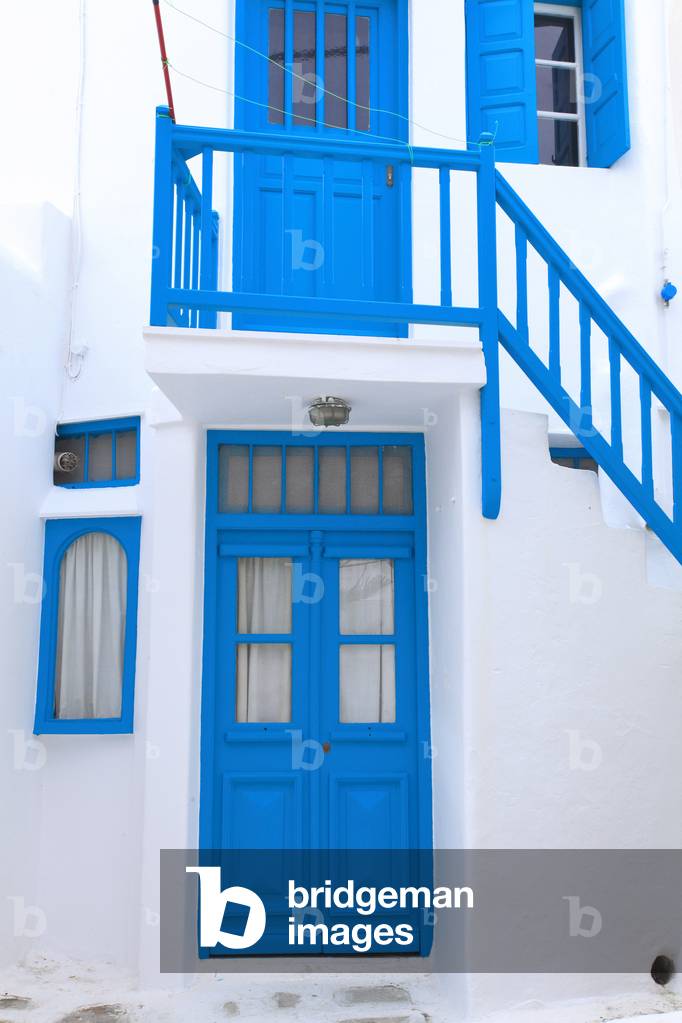 Streets and houses in the main village of Mykonos town (Chora) . Cyclades, Mykonos, Greek islands, Aegean sea.