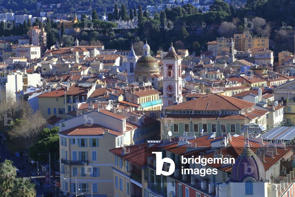 Nice. Old town. The clock Tower (Tower Saint François) and The cathedral  'Sainte reparate'.  French Riviera (Alpes-Maritimes), France.