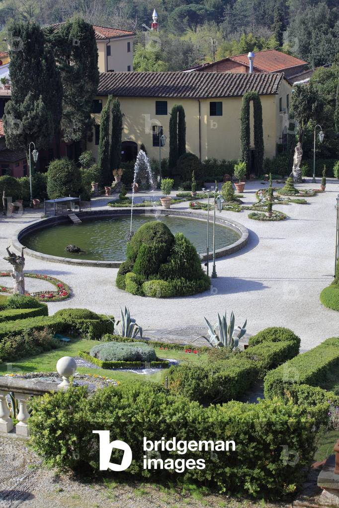 Garzoni garden. 18th century. View from the top of the monumental stairs. Villa Garzoni. Collodi, Lucca, Tuscany, Italy- Garden of Villa Garzoni, 18th century. View of the monumental staircase of the park. Collodi, Lucca, Tuscany, Italy