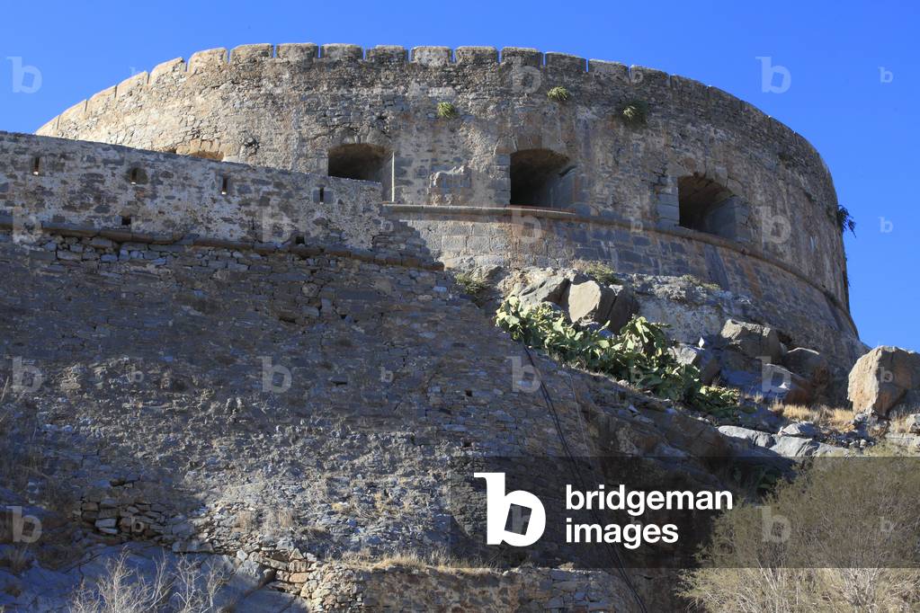 Spinalonga Island. View on the mezzaluna Barbariga built during the venitian period.