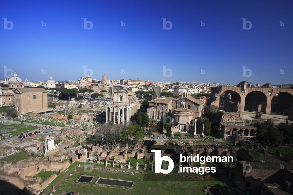 General view of the forum from the palatin. In the foreground, the house of the Vestales and the temple of Vesta on the left. From left to right: The Basilica of Maxence, the Temple of Romulus, the Temple of Antonin and Faustina and the Julian Curia/The Forum/Rome/UNESCO Site