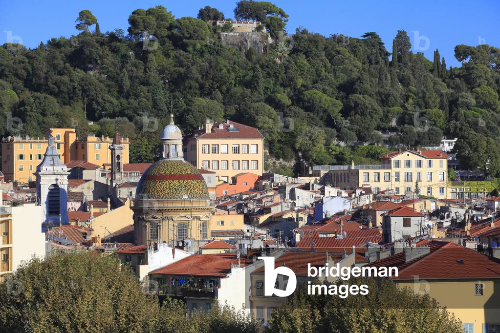 Nice. Old town. and the hill of the castle. The cathedral      ' Sainte reparate'.  French Riviera (Alpes-Maritimes), France.