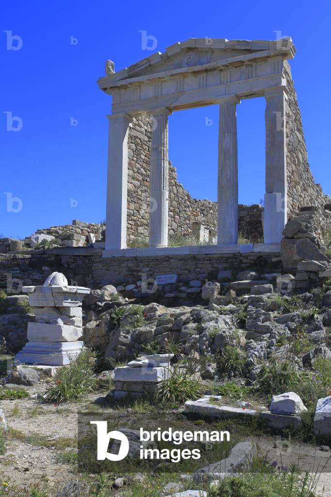 Archaeological site of Delos. Temple of Isis, egyptian godess. Simple Doric temple with two column in antis . 2nd century BC.