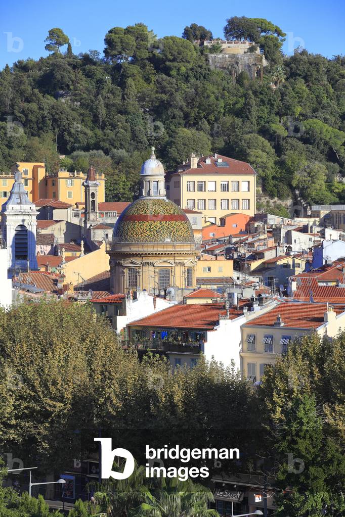 Nice. Old town. and the hill of the castle. The cathedral      ' Sainte reparate'.  French Riviera (Alpes-Maritimes), France.